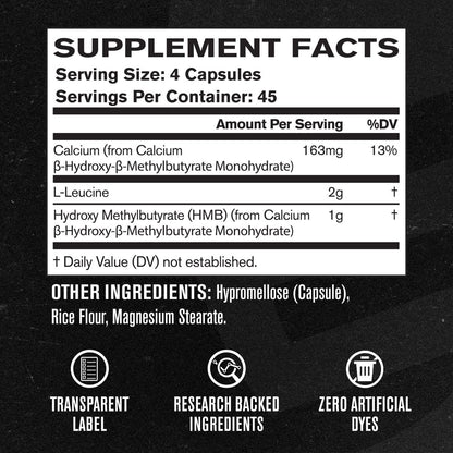 Jacked Factory HMB + Leucine Kapseln - L-Leucin 2g, HMB 1g - Stimuliere Muskelwachstum, schütze magere Muskelmasse und verbessere die sportliche Leistung - 180 Kapseln