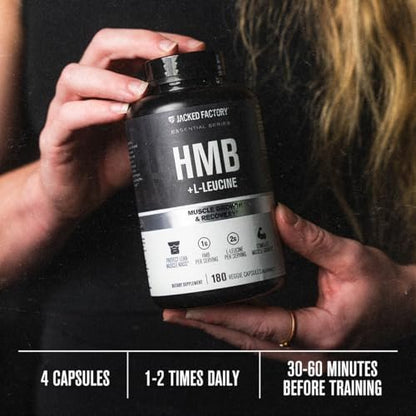 Jacked Factory HMB + Leucine Kapseln - L-Leucin 2g, HMB 1g - Stimuliere Muskelwachstum, schütze magere Muskelmasse und verbessere die sportliche Leistung - 180 Kapseln
