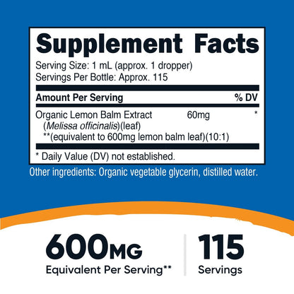 Nutricost Bio-Zitronenmelisse Flüssigextrakt 3,8 Fl. Oz. – 115 Portionen – Melissa Officinalis, USDA Bio, OTCO-zertifiziert, Vegan, GMO-frei, Glutenfrei