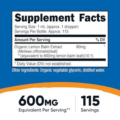 Nutricost Bio-Zitronenmelisse Flüssigextrakt 3,8 Fl. Oz. – 115 Portionen – Melissa Officinalis, USDA Bio, OTCO-zertifiziert, Vegan, GMO-frei, Glutenfrei