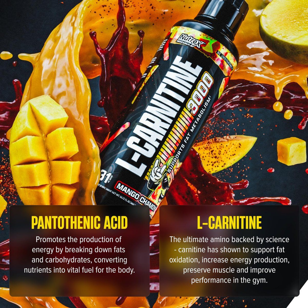 Nutrex Research Liquid Carnitine 3000 – Flüssiges L-Carnitin, stimulanzienfrei, unterstützt Fettverbrennung, 16 Fl Oz (Mango Chamoy)