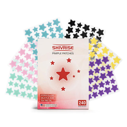 Shivrise™ Star Pimple Patches - 240 Stück - Sternform | Hydrokolloid-Akne-Pflaster für das Gesicht zum Abdecken von Unreinheiten und Pickeln | Süße Stern-Pickel-Pflaster | 3 Größen & 6 Farben