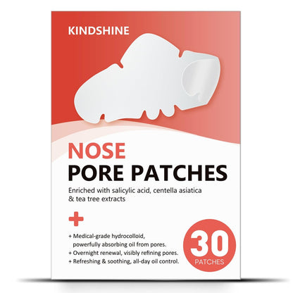 Kindshine 30er-Pack Nasenpflaster gegen Mitesser, medizinische Hydrokolloid-Porenstreifen, Über-Nacht-Nasenstreifen mit Salicylsäure, Centella Asiatica & Teebaumöl zur Ölkontrolle & Porenverfeinerung