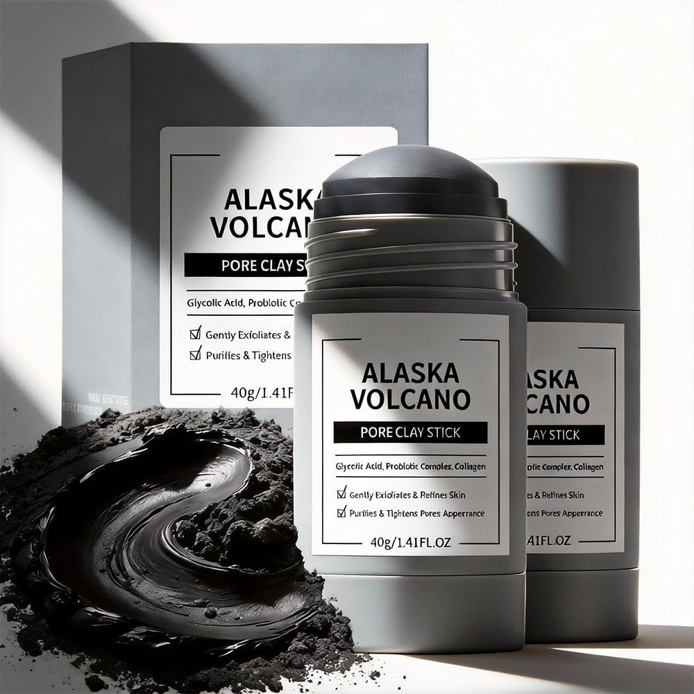 Clay Mask Stick, Alaska Volcano Pore Clay Stick, Glättende Haut, nicht austrocknend, ölkontrollierend für alle Hauttypen (2er-Pack Grauer Ton Maskenstick für Poren)