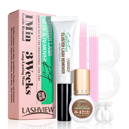 LASHVIEW Cluster Wimpernkleber & Entferner Set – Super starker Halt für 4+ Wochen, wasserfeste Formel, einfache Anwendung zu Hause, inklusive DIY Wimpernzubehör