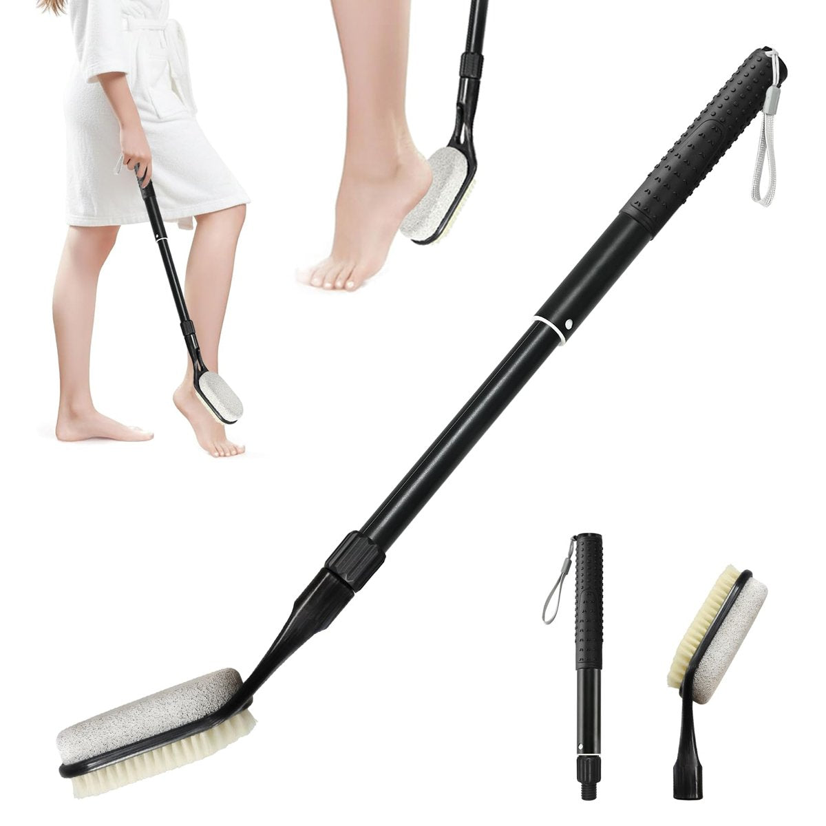 Gobiteli Fußbürste mit Bimsstein – Fußpeeling für Tote Haut, verstellbar 17-25 Zoll, für Senioren, Männer und Frauen, Schwarz