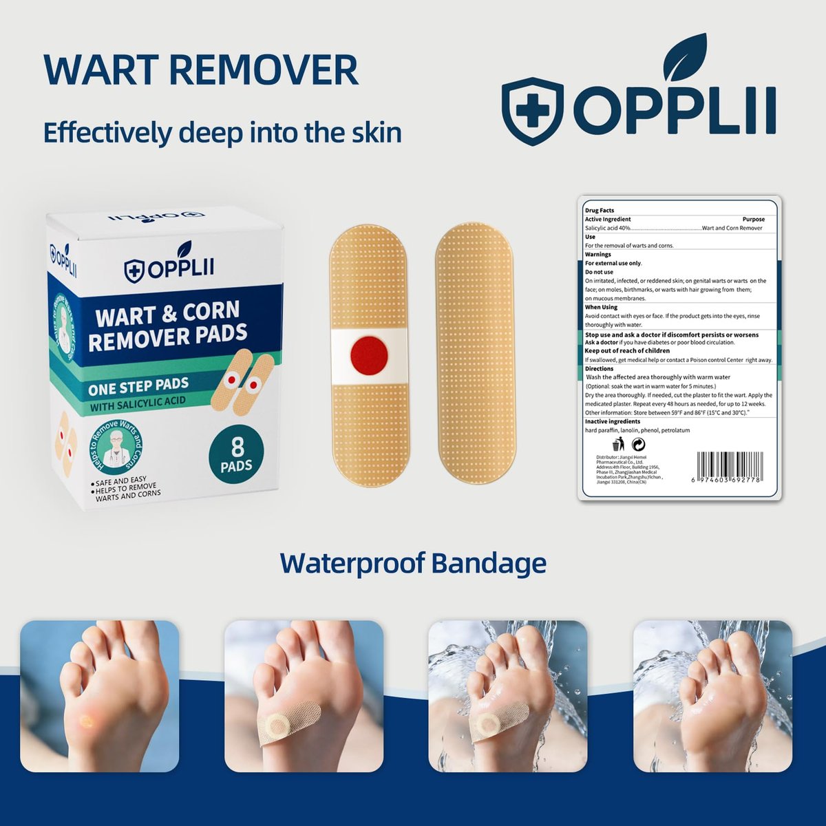 opplii Warzen- & Hühneraugen-Pflaster mit 40 % Salicylsäure – Extra starke Warzenpflaster für verdickte Haut an Füßen und Händen, wasserdichte Warzenpflege-Pflaster