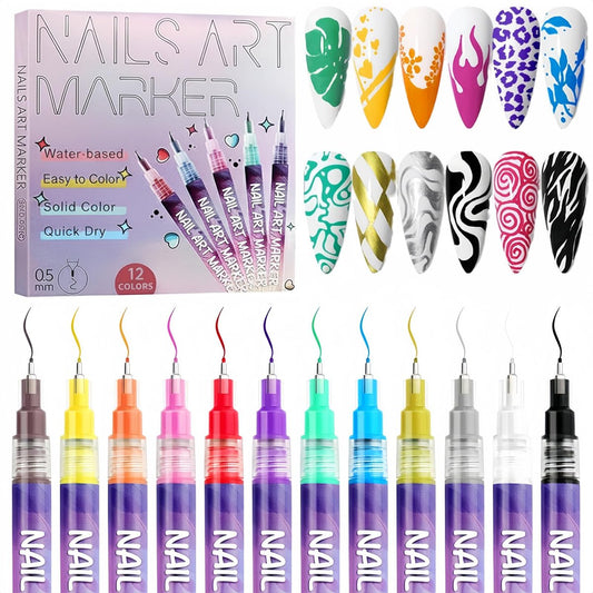 Nagelkunststifte 12 Farben – 3D-Schnelltrocknende Nagelkunstmarker für Kinder, Mädchen, Zeichnen, Malen, Linien & Designs, Geschenk für Frauen & Mädchen