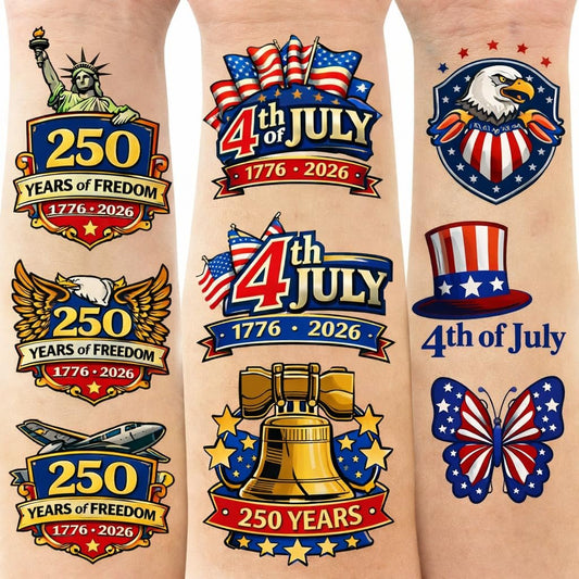 250. Jahrestag Temporäre Tattoos - 60 Stück 4. Juli - Patriotische USA 1776–2026 Geburtstagstattoos für Erwachsene & Jugendliche, Unabhängigkeitstag Partygeschenke Rot Weiß Blau Amerikanische Feier