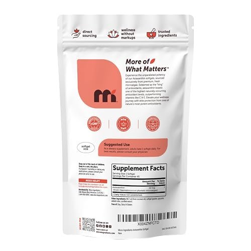 Micro Ingredients Astaxanthin 12mg mit MCT-Öl, 45 Softgels – Hochwertiges Astaxanthin Antioxidans Präparat* | Aus frischer Mikroalgenquelle | Dreifache Stärke, Nicht-GVO, Glutenfrei, Ohne Soja