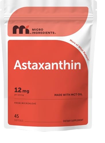 Micro Ingredients Astaxanthin 12mg mit MCT-Öl, 45 Softgels – Hochwertiges Astaxanthin Antioxidans Präparat* | Aus frischer Mikroalgenquelle | Dreifache Stärke, Nicht-GVO, Glutenfrei, Ohne Soja