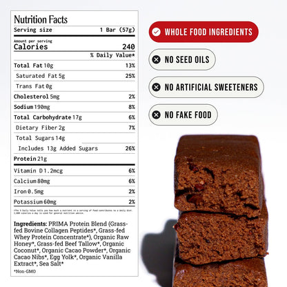 Prima Ancestral Protein Bar | 21g Grassfed Molkenprotein + Kollagen | Rindertalg, Rohhonig | Saatölfrei | Kakao – 7er Pack