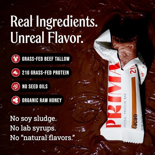 Prima Ancestral Protein Bar | 21g Grassfed Molkenprotein + Kollagen | Rindertalg, Rohhonig | Saatölfrei | Kakao – 7er Pack