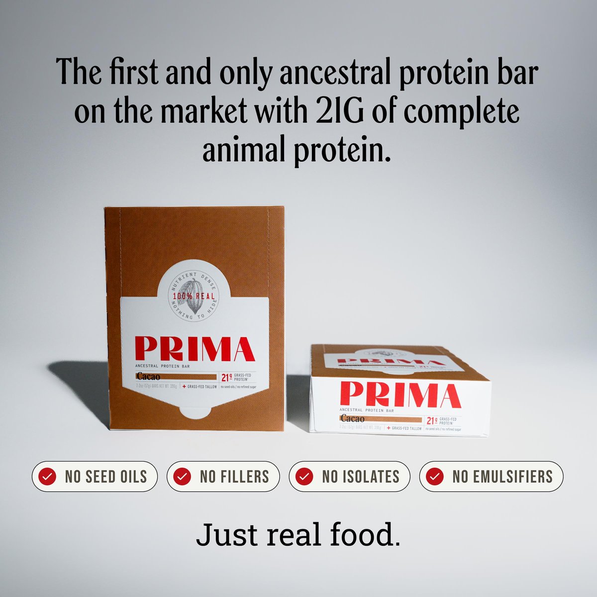 Prima Ancestral Protein Bar | 21g Grassfed Molkenprotein + Kollagen | Rindertalg, Rohhonig | Saatölfrei | Kakao – 7er Pack