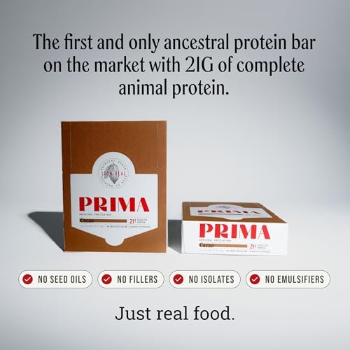 Prima Ancestral Protein Bar | 21g Grassfed Molkenprotein + Kollagen | Rindertalg, Rohhonig | Saatölfrei | Kakao – 7er Pack
