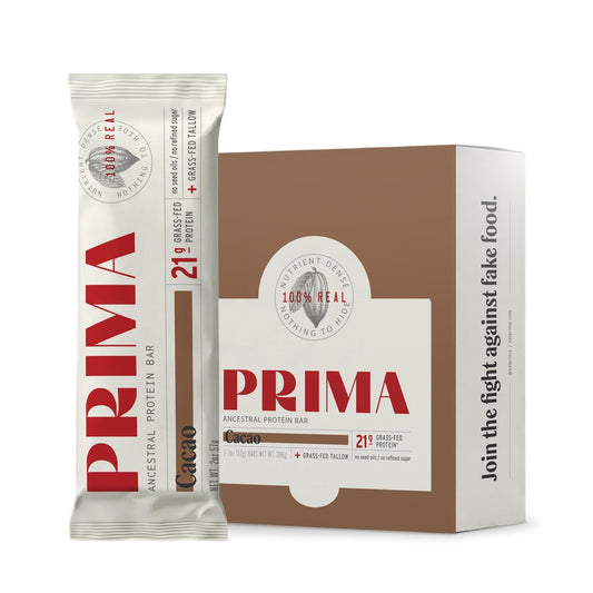 Prima Ancestral Protein Bar | 21g Grassfed Molkenprotein + Kollagen | Rindertalg, Rohhonig | Saatölfrei | Kakao – 7er Pack
