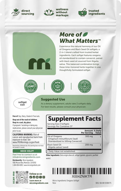 Micro Ingredients Oreganoöl mit Schwarzkümmelöl, 75 Softgels | 2-in-1 Komplex aus Oreganoöl & Schwarzkümmelöl | 4-fache Stärke Carvacrol & Thymochinon Formel, pflanzlich | Non-GMO, glutenfrei