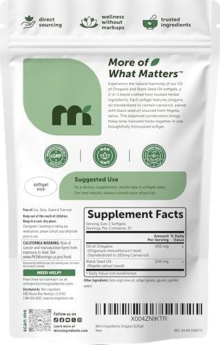 Micro Ingredients Oreganoöl mit Schwarzkümmelöl, 75 Softgels | 2-in-1 Komplex aus Oreganoöl & Schwarzkümmelöl | 4-fache Stärke Carvacrol & Thymochinon Formel, pflanzlich | Non-GMO, glutenfrei