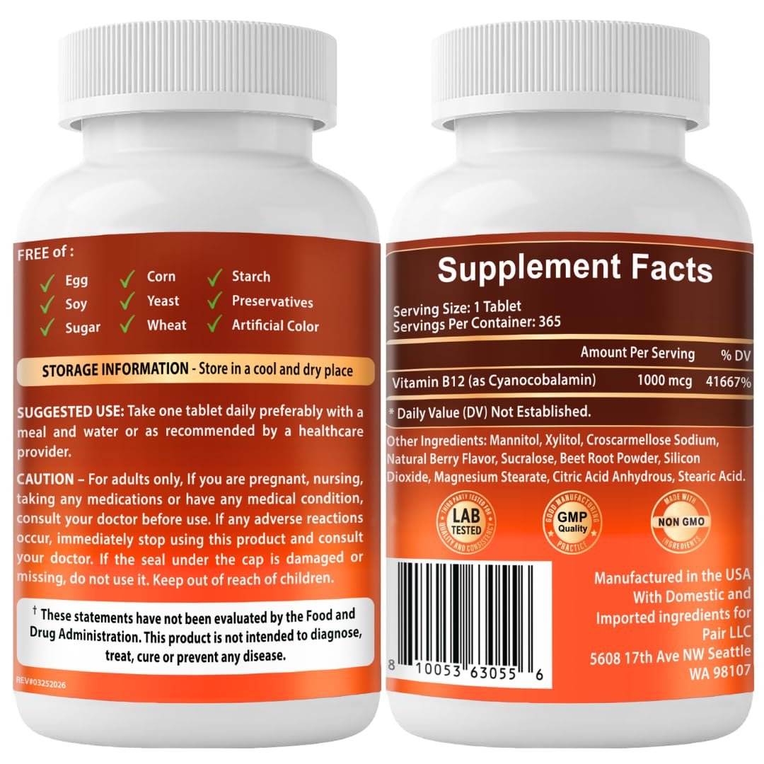 VITBOOST Vitamin B12 1000 mcg Lutschtabletten – 365 Stück, natürlicher Beerengeschmack – B-12 Vitamin für Energie & Nervensystemunterstützung – Non-GMO Tabletten – Hergestellt in USA