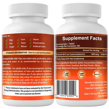 VITBOOST Vitamin B12 1000 mcg Lutschtabletten – 365 Stück, natürlicher Beerengeschmack – B-12 Vitamin für Energie & Nervensystemunterstützung – Non-GMO Tabletten – Hergestellt in USA