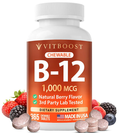 VITBOOST Vitamin B12 1000 mcg Lutschtabletten – 365 Stück, natürlicher Beerengeschmack – B-12 Vitamin für Energie & Nervensystemunterstützung – Non-GMO Tabletten – Hergestellt in USA