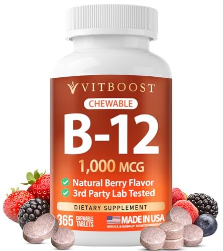 VITBOOST Vitamin B12 1000 mcg Lutschtabletten – 365 Stück, natürlicher Beerengeschmack – B-12 Vitamin für Energie & Nervensystemunterstützung – Non-GMO Tabletten – Hergestellt in USA