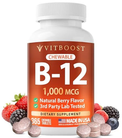 VITBOOST Vitamin B12 1000 mcg Lutschtabletten – 365 Stück, natürlicher Beerengeschmack – B-12 Vitamin für Energie & Nervensystemunterstützung – Non-GMO Tabletten – Hergestellt in USA