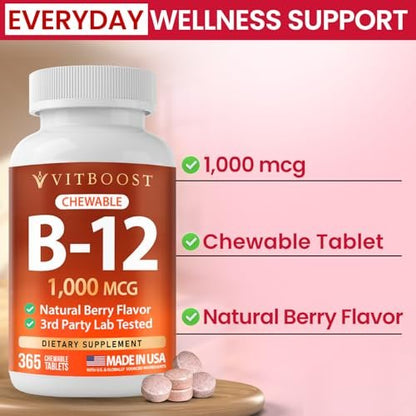 VITBOOST Vitamin B12 1000 mcg Lutschtabletten – 365 Stück, natürlicher Beerengeschmack – B-12 Vitamin für Energie & Nervensystemunterstützung – Non-GMO Tabletten – Hergestellt in USA