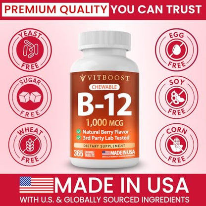 VITBOOST Vitamin B12 1000 mcg Lutschtabletten – 365 Stück, natürlicher Beerengeschmack – B-12 Vitamin für Energie & Nervensystemunterstützung – Non-GMO Tabletten – Hergestellt in USA