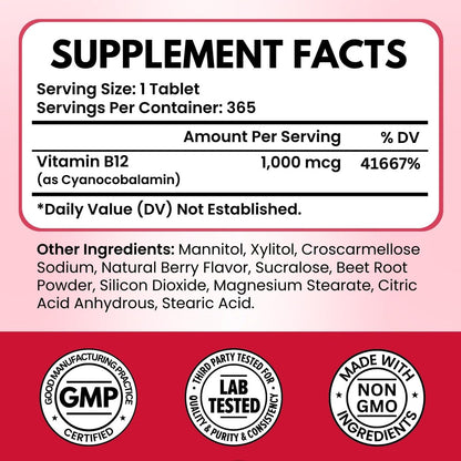 VITBOOST Vitamin B12 1000 mcg Lutschtabletten – 365 Stück, natürlicher Beerengeschmack – B-12 Vitamin für Energie & Nervensystemunterstützung – Non-GMO Tabletten – Hergestellt in USA