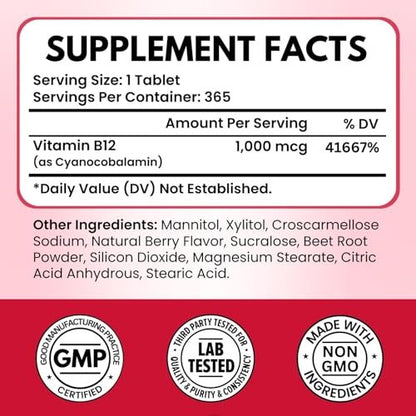 VITBOOST Vitamin B12 1000 mcg Lutschtabletten – 365 Stück, natürlicher Beerengeschmack – B-12 Vitamin für Energie & Nervensystemunterstützung – Non-GMO Tabletten – Hergestellt in USA