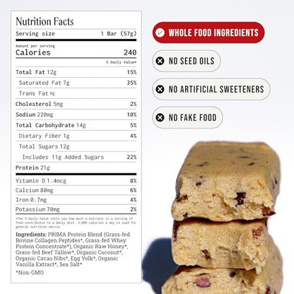 PRIMA Cookie Dough Protein Bar | 21g Weideprotein & Kollagen | Ohne Samenöle, ohne Konservierungsstoffe, mit Rohhonig gesüßt | 7er Pack