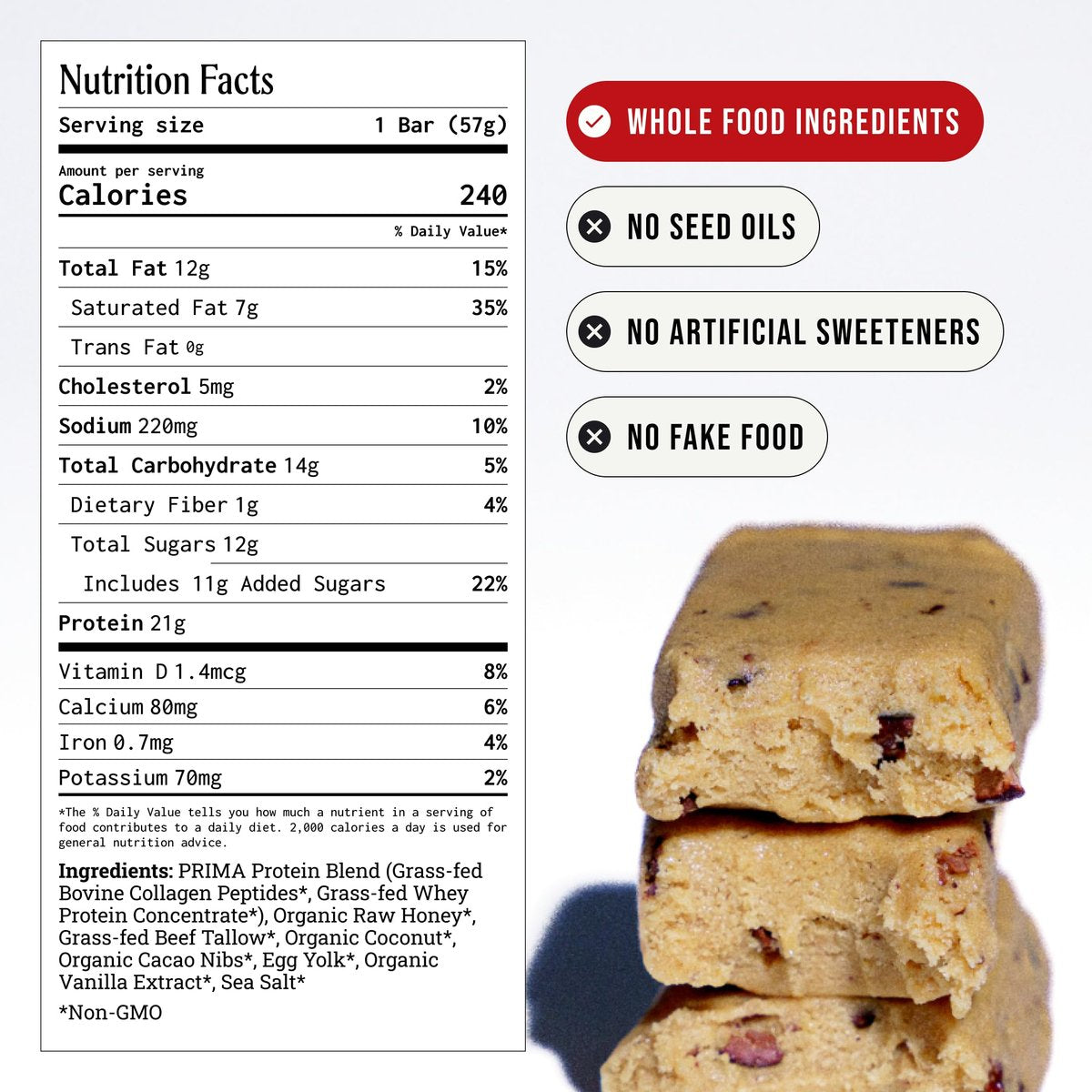 PRIMA Cookie Dough Protein Bar | 21g Weideprotein & Kollagen | Ohne Samenöle, ohne Konservierungsstoffe, mit Rohhonig gesüßt | 7er Pack