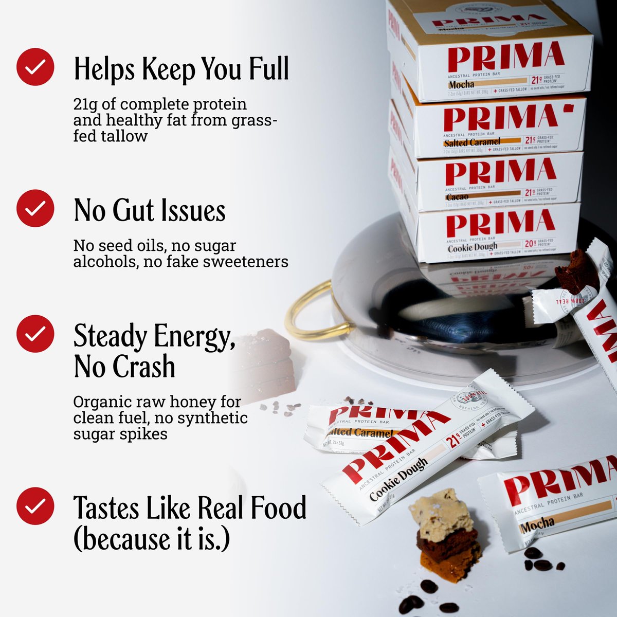 Prima Ancestral Protein Bar | Salz-Karamell | 21g Protein, grasgefüttert | Rindertalg, Rohhonig, Eigelb | Saatölfrei, ohne künstliche Süßstoffe | 7er-Pack