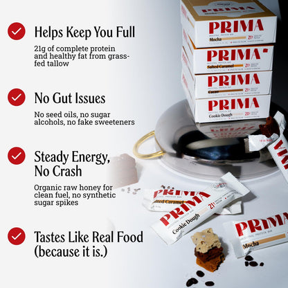 Prima Ancestral Protein Bar | Salz-Karamell | 21g Protein, grasgefüttert | Rindertalg, Rohhonig, Eigelb | Saatölfrei, ohne künstliche Süßstoffe | 7er-Pack