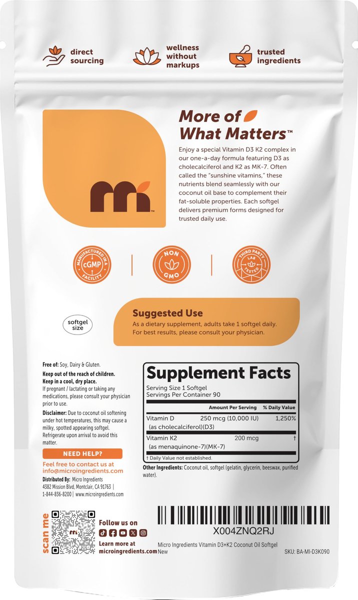 Micro Ingredients Vitamin D3 10.000 IE + K2 MK-7 200 mcg pro Portion, 90 Softgels | Hochdosiertes 2-in-1 D3 K2 Präparat | Leicht zu schluckende Softgels mit Kokosöl | Ohne Gentechnik, Glutenfrei