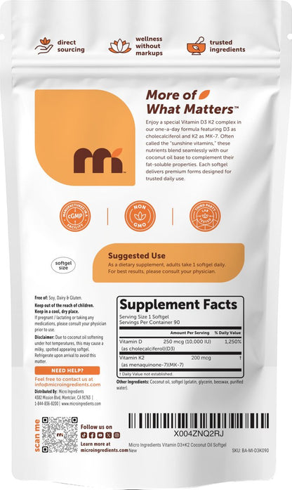 Micro Ingredients Vitamin D3 10.000 IE + K2 MK-7 200 mcg pro Portion, 90 Softgels | Hochdosiertes 2-in-1 D3 K2 Präparat | Leicht zu schluckende Softgels mit Kokosöl | Ohne Gentechnik, Glutenfrei