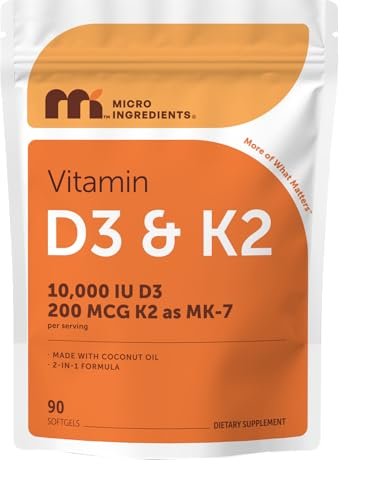 Micro Ingredients Vitamin D3 10.000 IE + K2 MK-7 200 mcg pro Portion, 90 Softgels | Hochdosiertes 2-in-1 D3 K2 Präparat | Leicht zu schluckende Softgels mit Kokosöl | Ohne Gentechnik, Glutenfrei