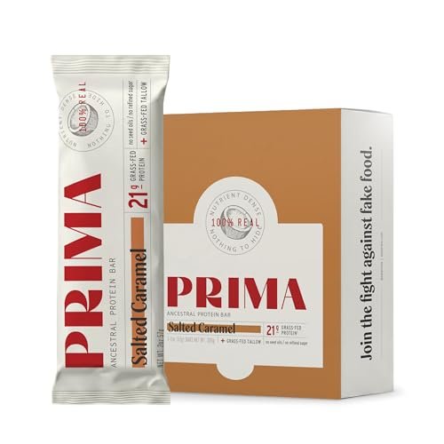 Prima Ancestral Protein Bar | Salz-Karamell | 21g Protein, grasgefüttert | Rindertalg, Rohhonig, Eigelb | Saatölfrei, ohne künstliche Süßstoffe | 7er-Pack