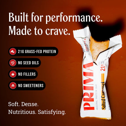 Prima Ancestral Protein Bar | Salz-Karamell | 21g Protein, grasgefüttert | Rindertalg, Rohhonig, Eigelb | Saatölfrei, ohne künstliche Süßstoffe | 7er-Pack