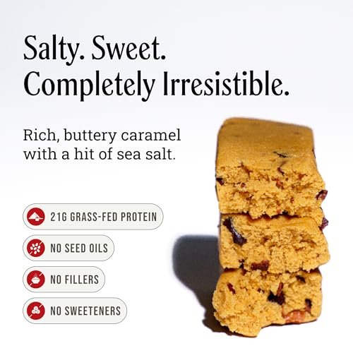 Prima Ancestral Protein Bar | Salz-Karamell | 21g Protein, grasgefüttert | Rindertalg, Rohhonig, Eigelb | Saatölfrei, ohne künstliche Süßstoffe | 7er-Pack