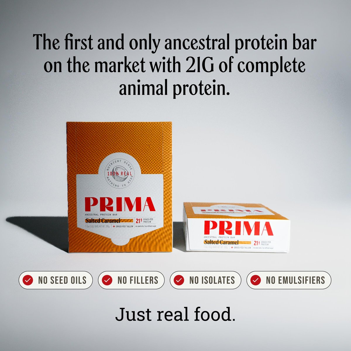 Prima Ancestral Protein Bar | Salz-Karamell | 21g Protein, grasgefüttert | Rindertalg, Rohhonig, Eigelb | Saatölfrei, ohne künstliche Süßstoffe | 7er-Pack