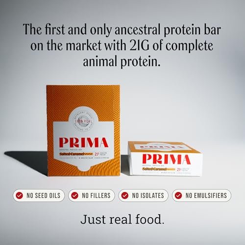 Prima Ancestral Protein Bar | Salz-Karamell | 21g Protein, grasgefüttert | Rindertalg, Rohhonig, Eigelb | Saatölfrei, ohne künstliche Süßstoffe | 7er-Pack