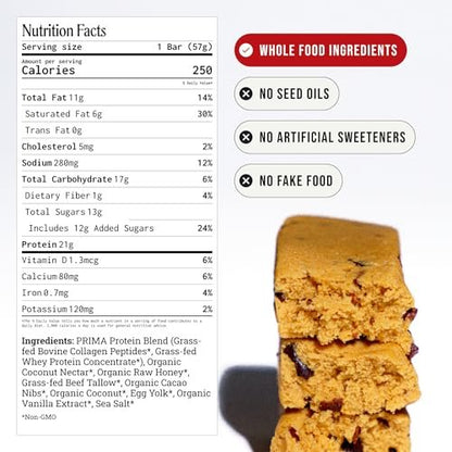 Prima Ancestral Protein Bar | Salz-Karamell | 21g Protein, grasgefüttert | Rindertalg, Rohhonig, Eigelb | Saatölfrei, ohne künstliche Süßstoffe | 7er-Pack