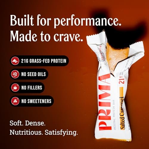 Prima Ancestral Protein Bar | Salz-Karamell | 21g Protein, grasgefüttert | Rindertalg, Rohhonig, Eigelb | Saatölfrei, ohne künstliche Süßstoffe | 7er-Pack