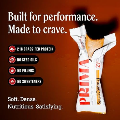 Prima Ancestral Protein Bar | Salz-Karamell | 21g Protein, grasgefüttert | Rindertalg, Rohhonig, Eigelb | Saatölfrei, ohne künstliche Süßstoffe | 7er-Pack