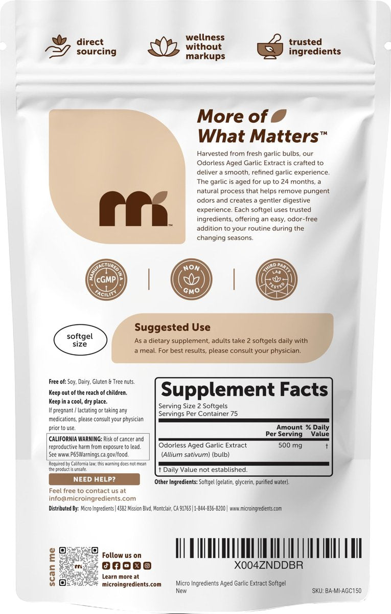 Micro Ingredients Geruchsloser Knoblauch, 150 Weichkapseln | 2 Jahre gereifter Knoblauchextrakt | Angebaute Allium sativum Zwiebel | Natürliches pflanzliches Nahrungsergänzungsmittel | Non-GMO, Glutenfrei