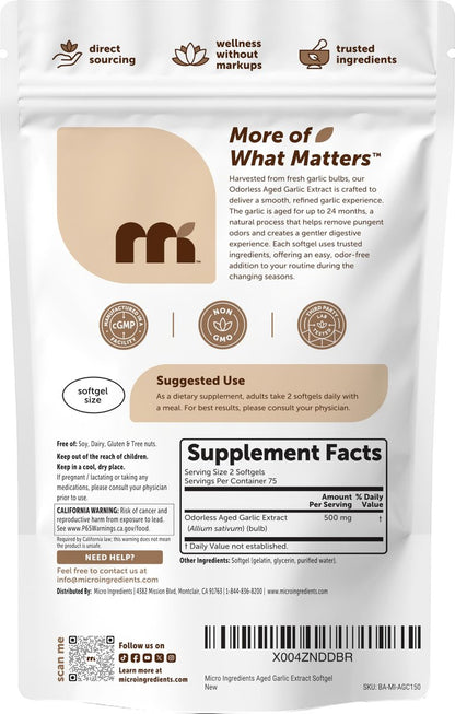 Micro Ingredients Geruchsloser Knoblauch, 150 Weichkapseln | 2 Jahre gereifter Knoblauchextrakt | Angebaute Allium sativum Zwiebel | Natürliches pflanzliches Nahrungsergänzungsmittel | Non-GMO, Glutenfrei
