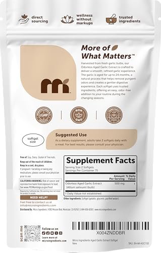 Micro Ingredients Geruchsloser Knoblauch, 150 Weichkapseln | 2 Jahre gereifter Knoblauchextrakt | Angebaute Allium sativum Zwiebel | Natürliches pflanzliches Nahrungsergänzungsmittel | Non-GMO, Glutenfrei