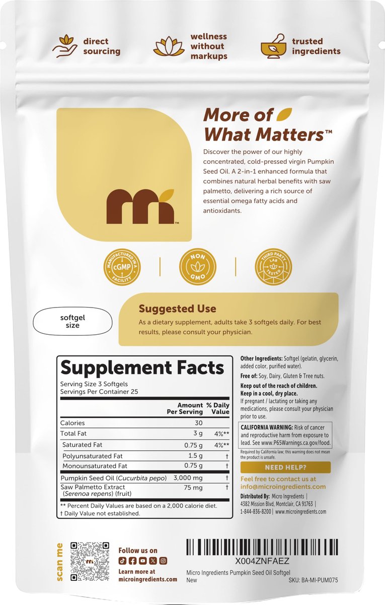 Micro Ingredients Kürbiskernöl mit Sägepalme, 75 Softgels | Kaltgepresst, reines natives Öl, essentielle Fettsäuren & Phytosterine | Natürliches Kräuterergänzungsmittel | Non-GMO